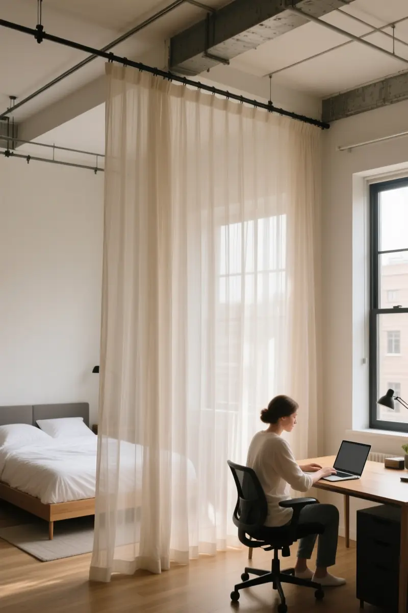 3. Hang Floor-to-Ceiling Sheer Curtains as Soft Dividers