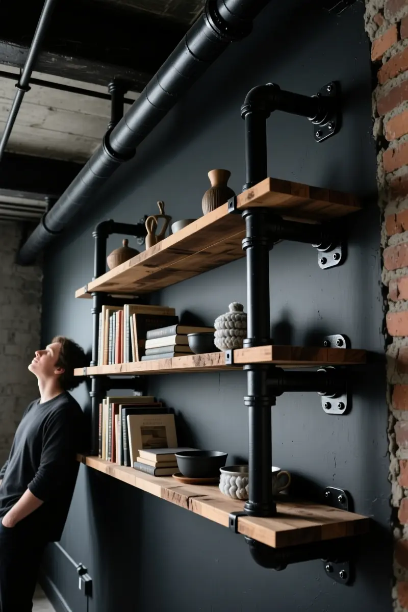 5. Matte Black DIY Industrial Pipe Shelving