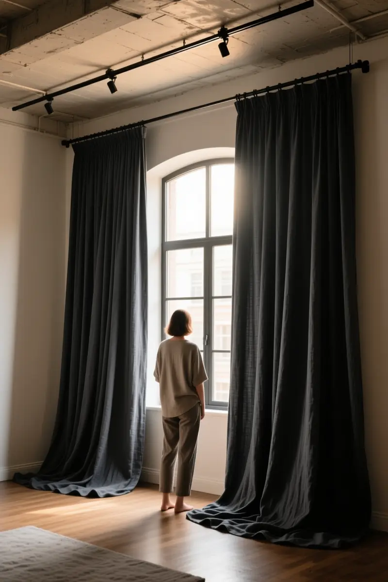 7. Floor-to-Ceiling Heavy Charcoal Drapery