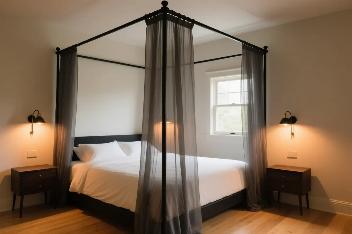 11. Black-Framed Canopy Bed with Charcoal Sheer Drapes