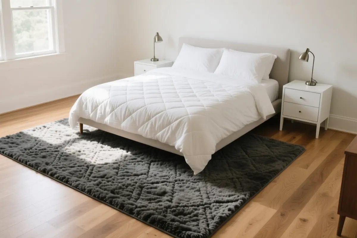 12. Plush Textured Dark Area Rugs on Light Flooring