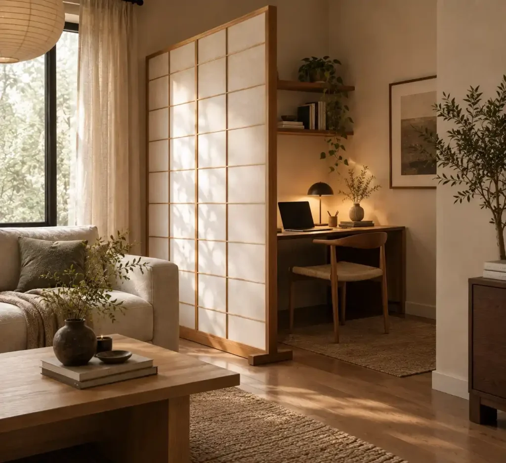 Calm Japandi Living Room and Workspace