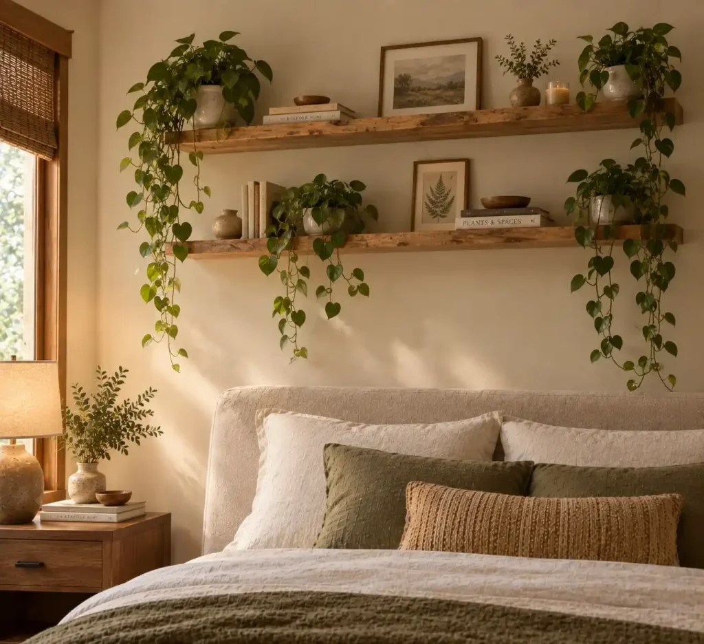 Cozy Boho Bedroom with Lush Shelves Idea