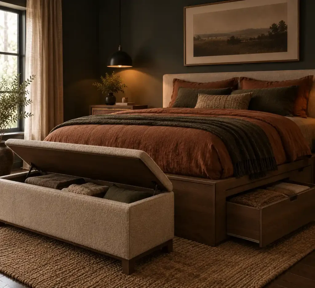 Cozy Earth-Toned Storage Bedroom