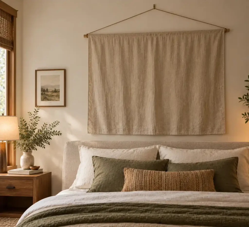 Cozy Minimalist Bedroom with Wall Tapestry Idea