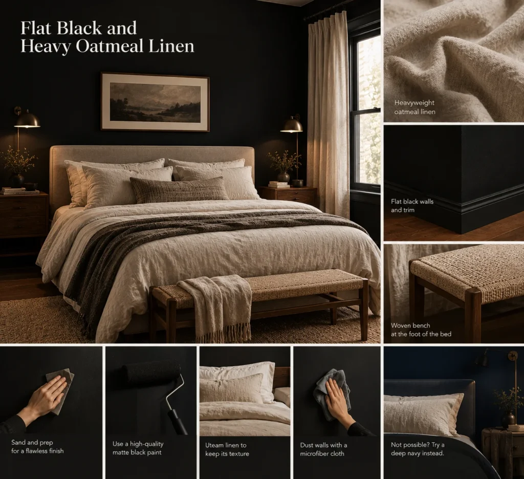 Flat Black, Oatmeal Linen Bedroom