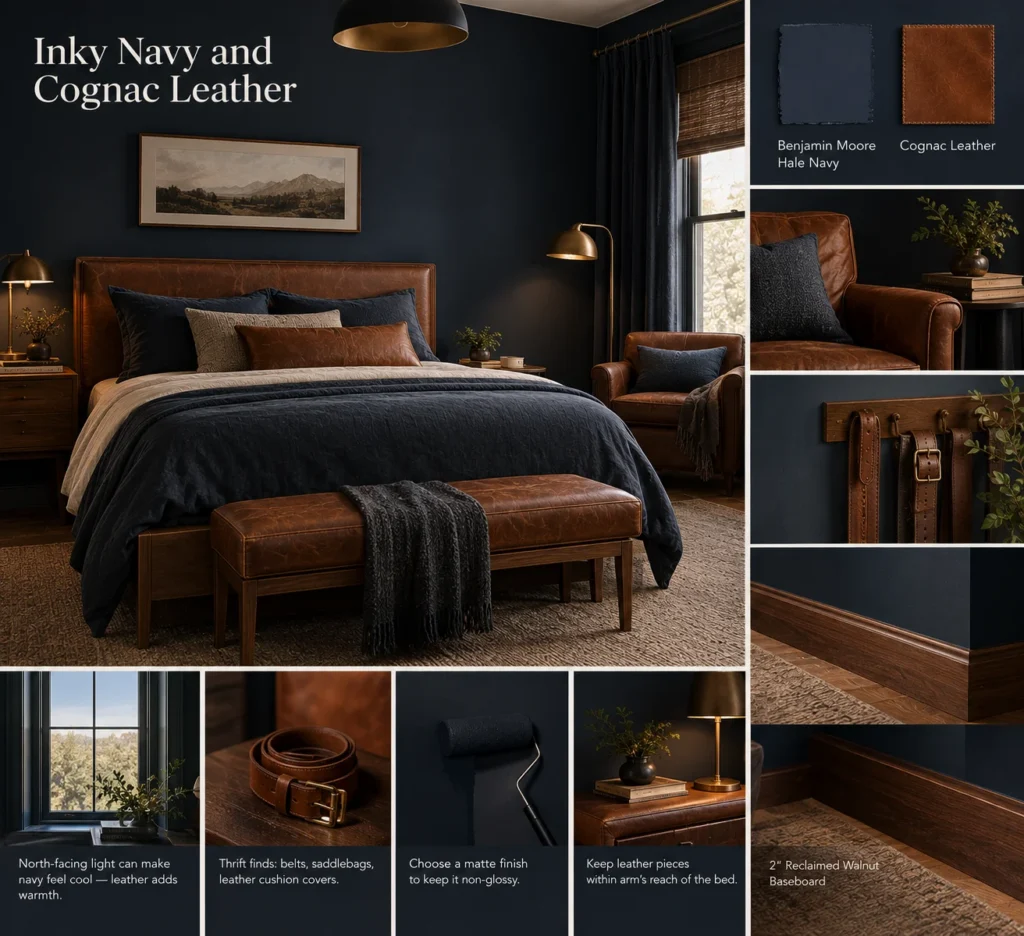 Inky Navy and Cognac Leather Bedroom