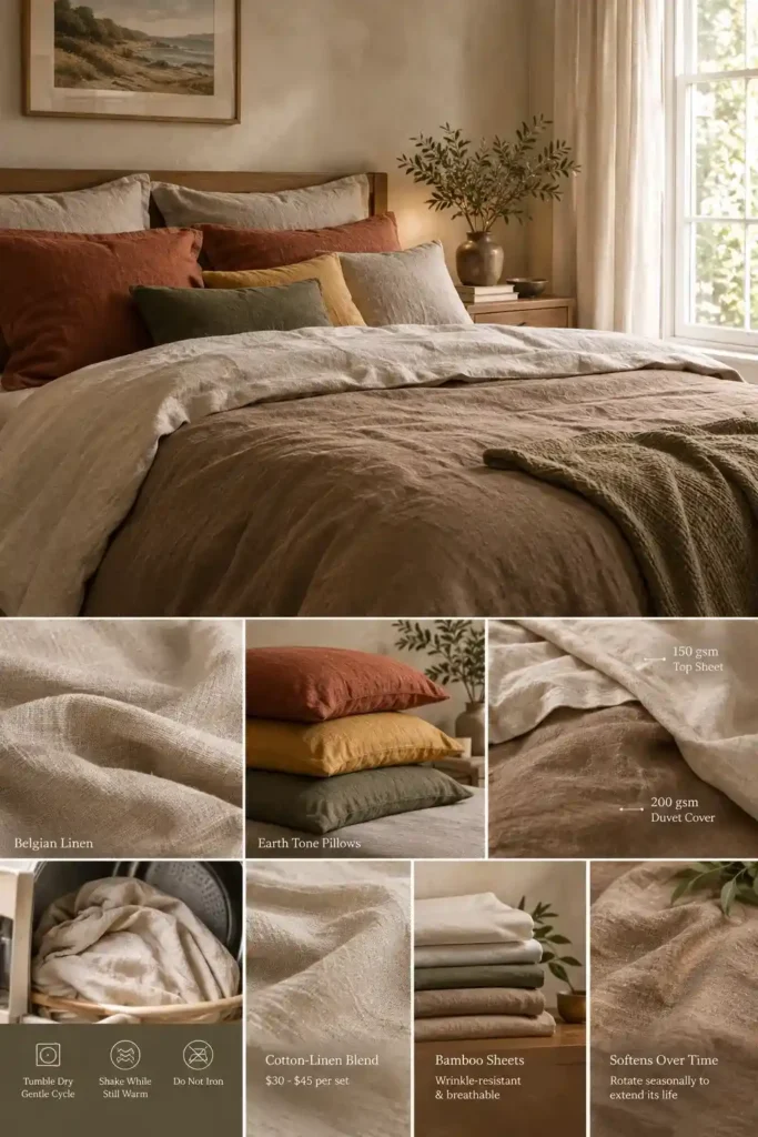 Layer Belgian Linen Bedding in Mud and Clay Tones Idea