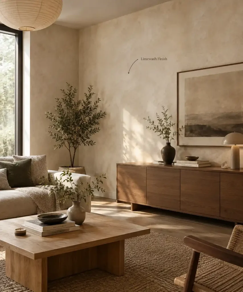 Limewash Serenity in a Cozy Living Room