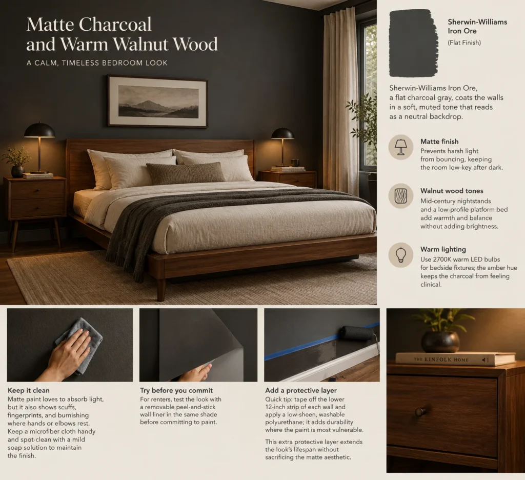 Matte Charcoal and Warm Walnut Bedroom Guide