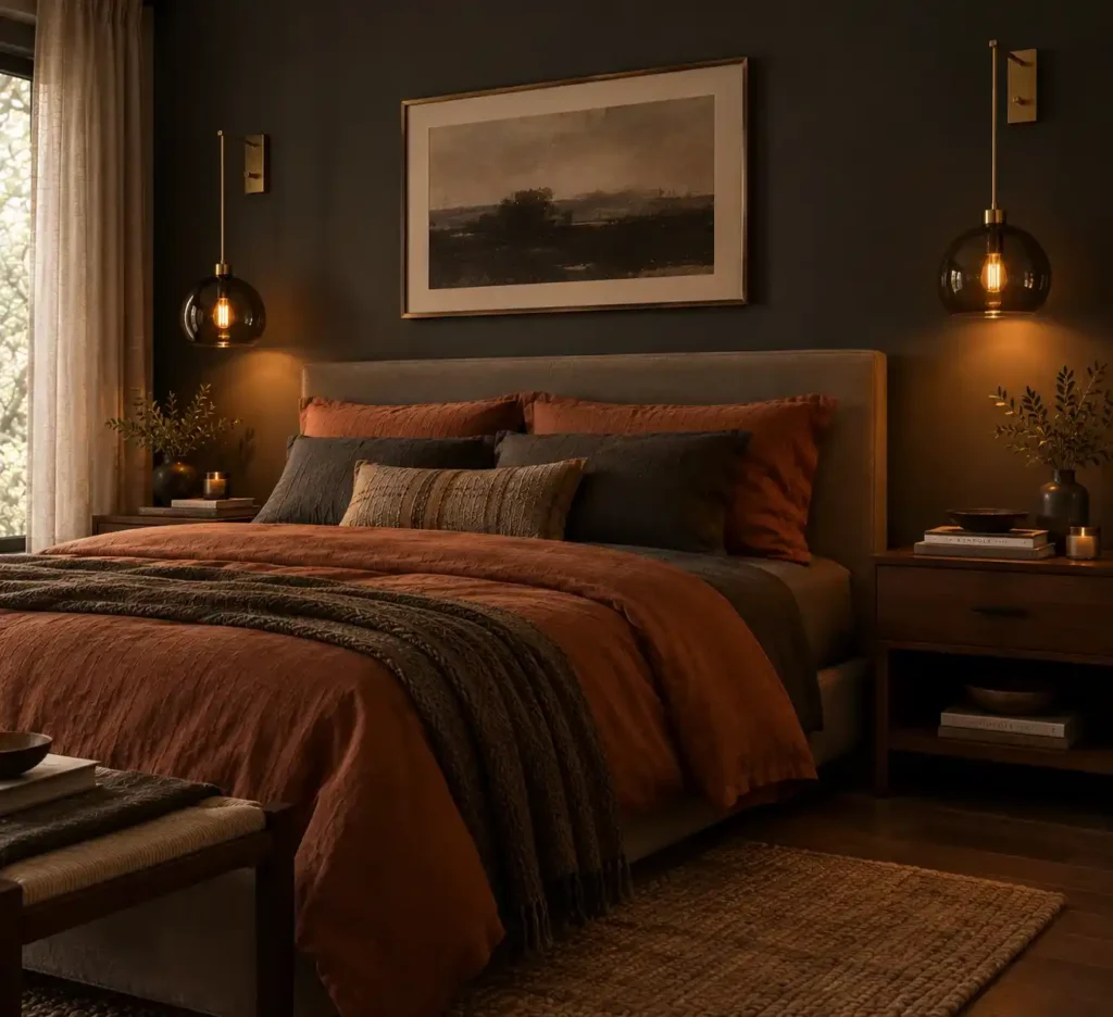 Moody Rust-Toned Modern Bedroom