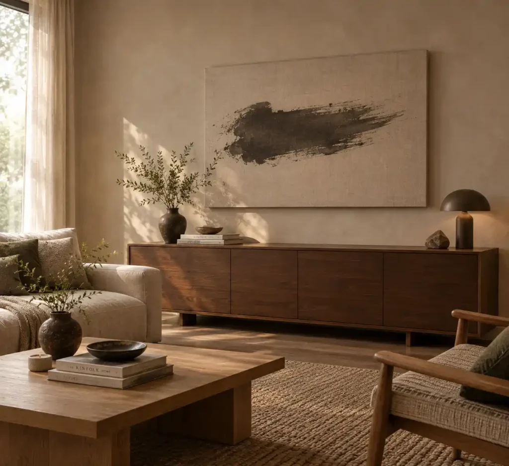 Warm Minimalist Living Room with Abstract Art