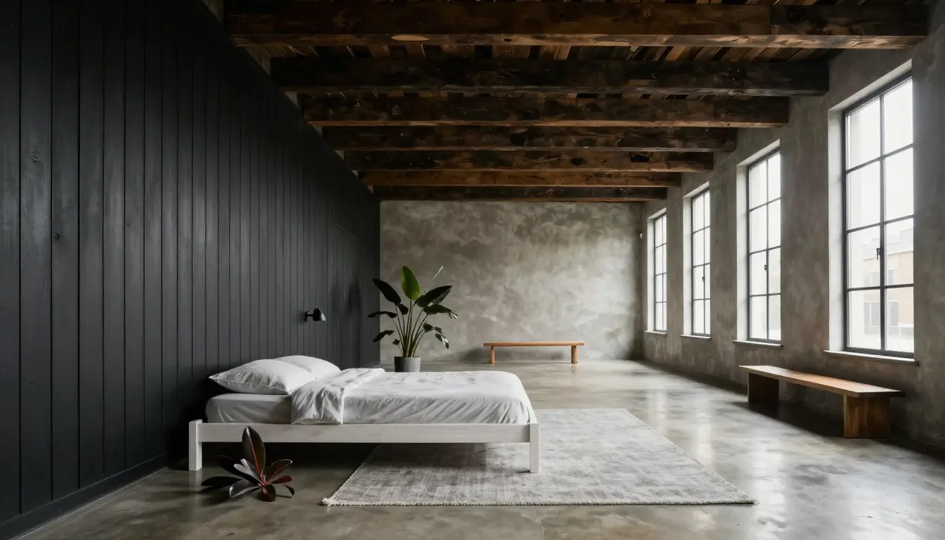 Matte black vertical board-and-batten wall behind a low white oak platform bed in a barn bedroom