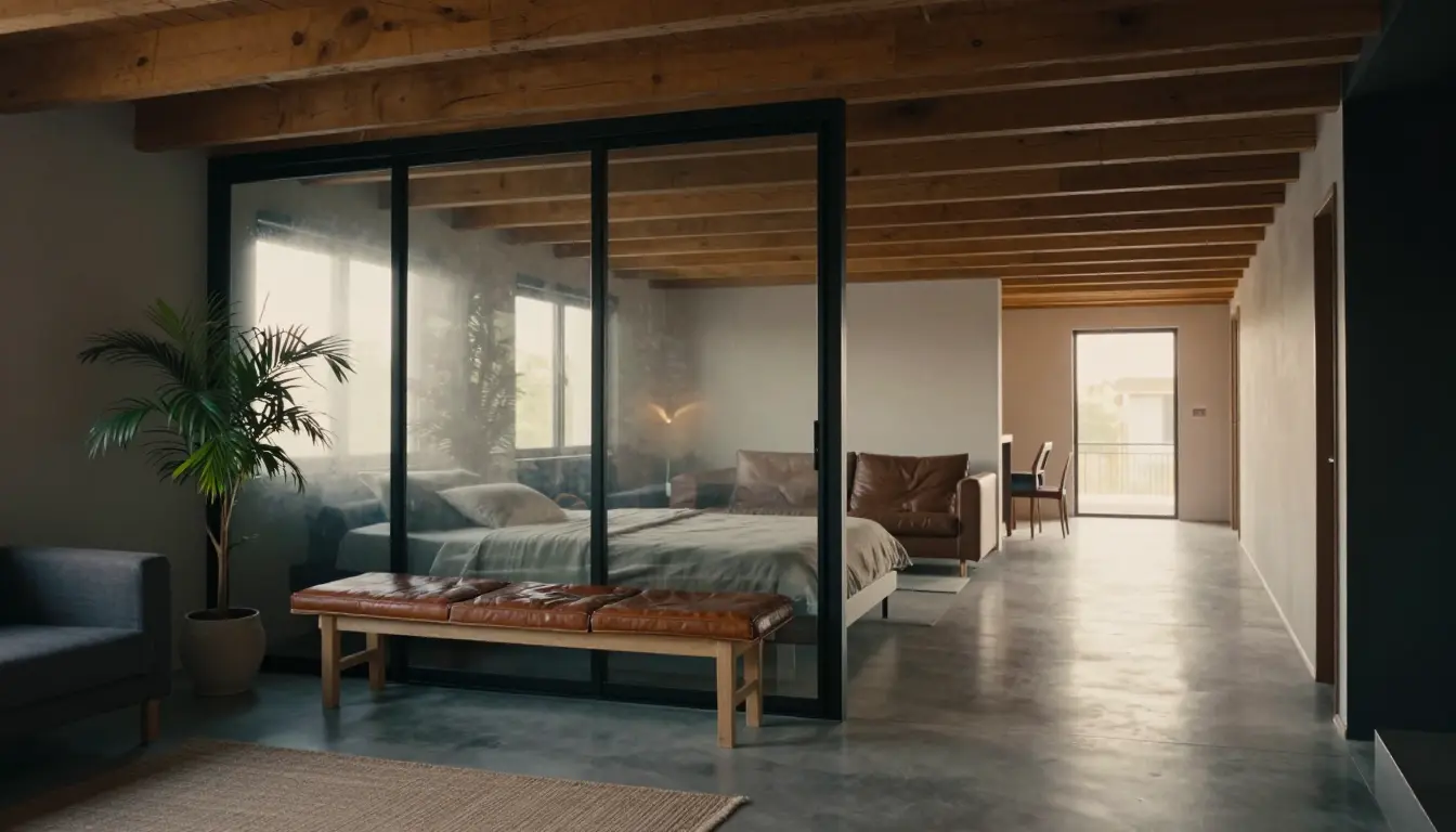 Black steel-framed laminated glass partition separating a loft home office from the open living area