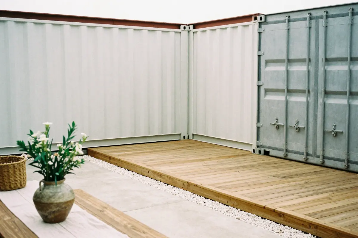 L-shaped shipping container home with two containers framing a courtyard patio