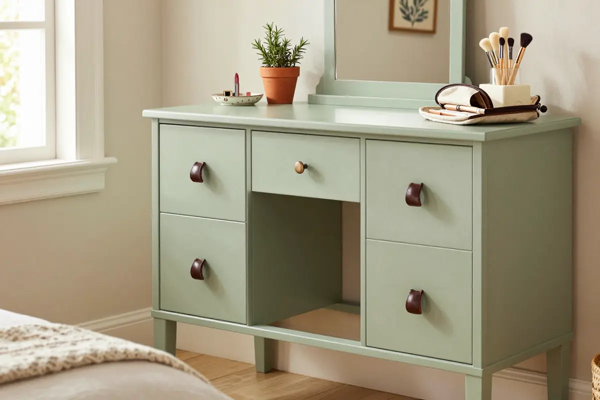 10. Earthy Sage Green Painted Vanity with Natural Leather Pulls