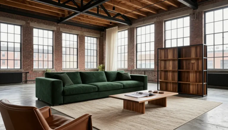 Open-plan loft apartment with zoned living, sleeping and kitchen areas, an area rug and open shelving divider