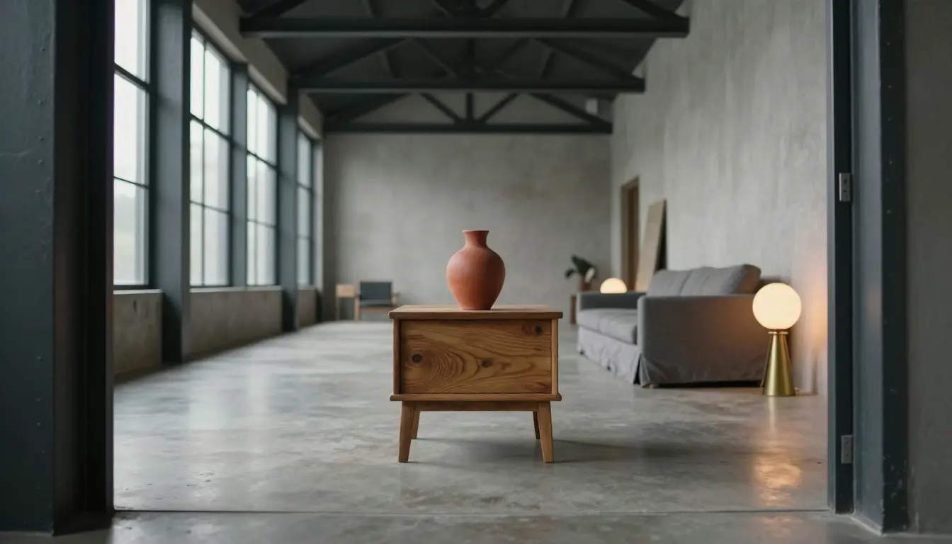 Terracotta vase on a reclaimed wood nightstand beside unlacquered brass reading sconces