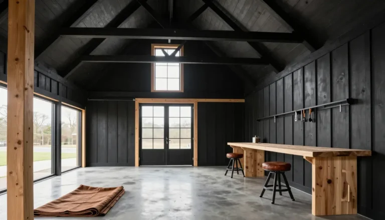Modern black barn garage with matte black siding, cedar trim and large glass doors