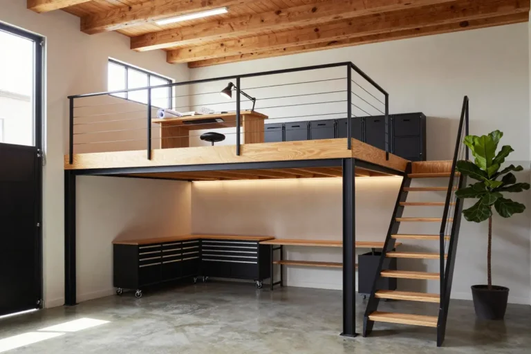Garage loft with a black steel mezzanine, storage platform and workspace above parked cars