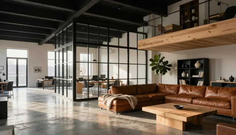 Modern open-plan loft house with a timber mezzanine, steel-framed glass partition and polished concrete floor