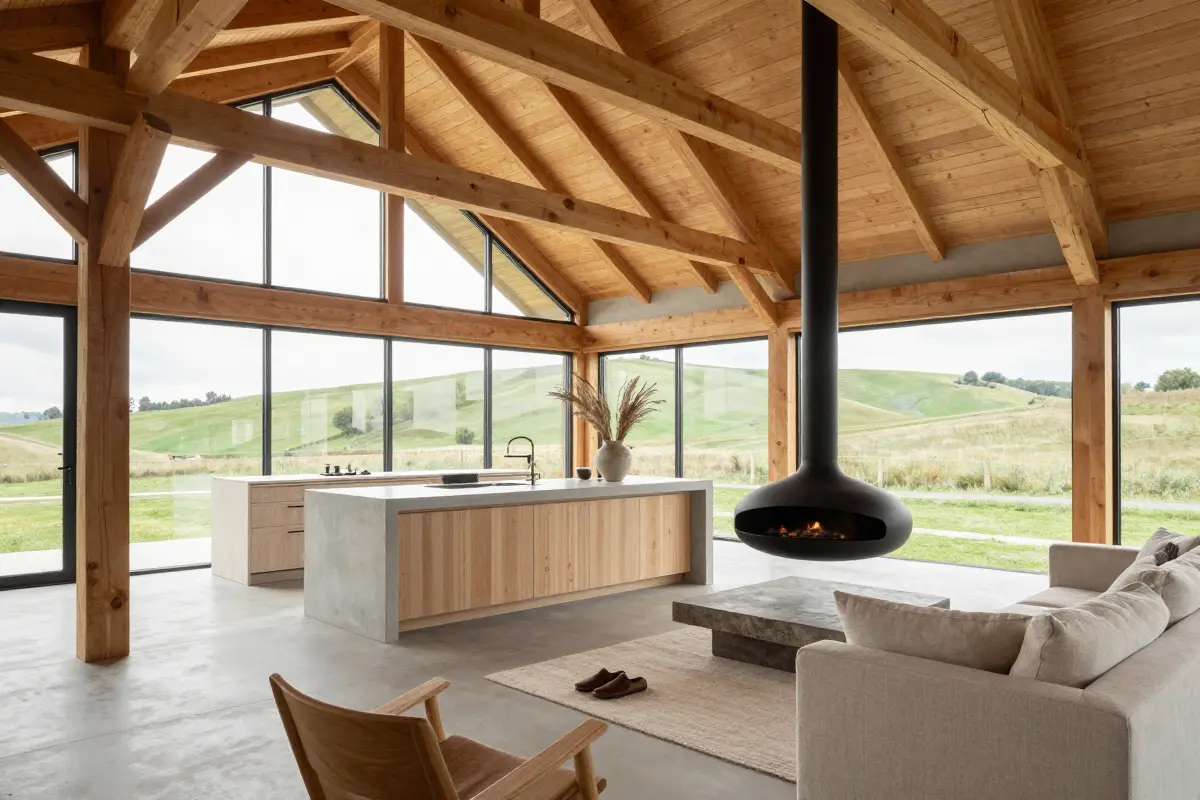 Modern minimalist barn house with matte standing-seam metal cladding and a large glazed gable end
