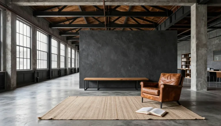 Moody industrial loft with charcoal walls, warm layered lighting, dark wood furniture and leather seating