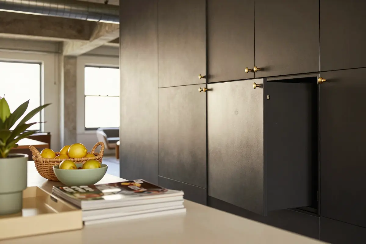 10. Pair Matte Dark Cabinetry with Solid Brass Hardware