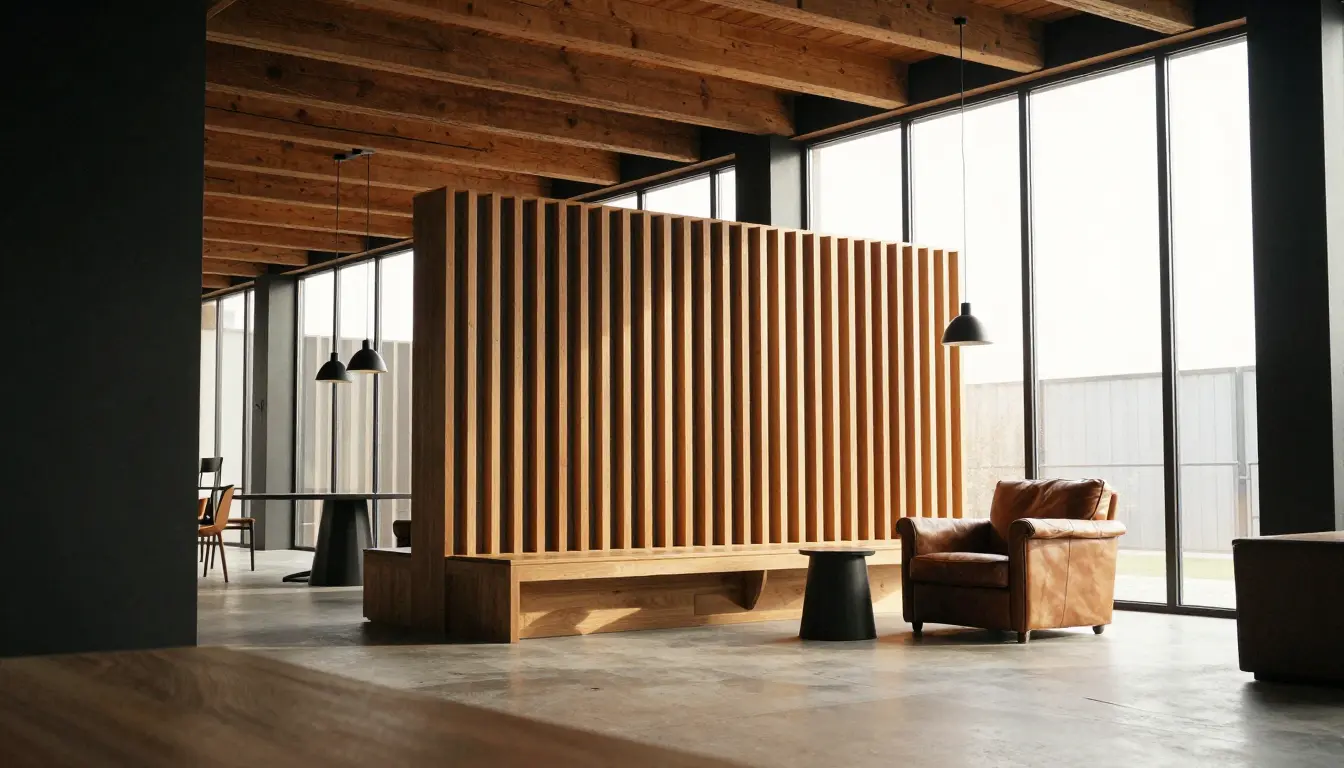 Vertical oak slat acoustic panel with felt backing behind a loft dining banquette