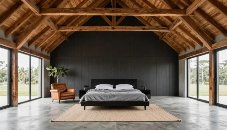 Modern minimalist black barn bedroom with matte black walls, a white oak platform bed and warm layered lighting