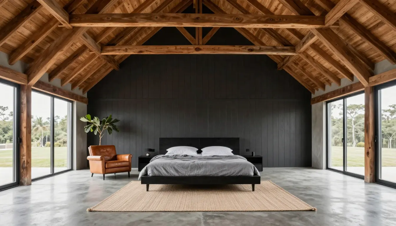 Modern minimalist black barn bedroom with matte black walls, a white oak platform bed and warm layered lighting