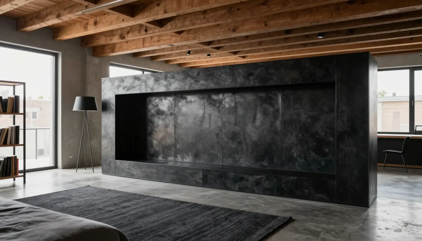 Raw blackened steel sheet cladding on a bedroom headboard niche with soft LED strip lighting