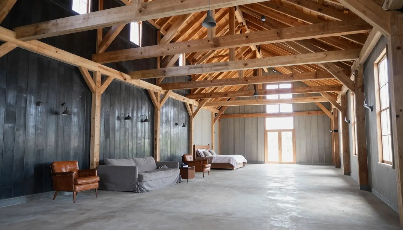 Light reclaimed timber king-post trusses over charcoal shiplap walls in a black barn bedroom