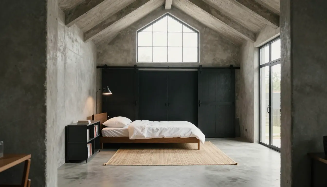 Recessed bed alcove with flush black sliding doors concealing a closet in a minimalist bedroom