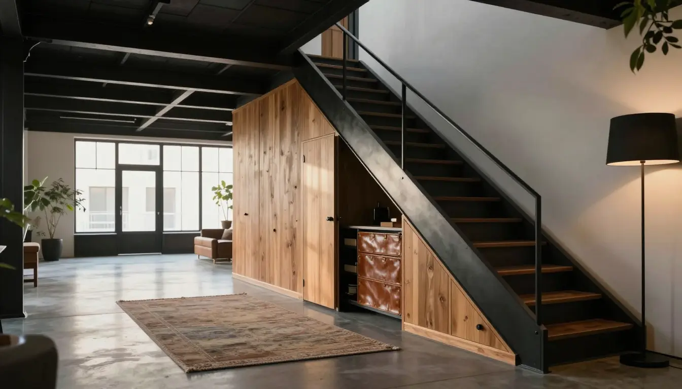 Angled pull-out drawers and a concealed door built into the void under a loft staircase