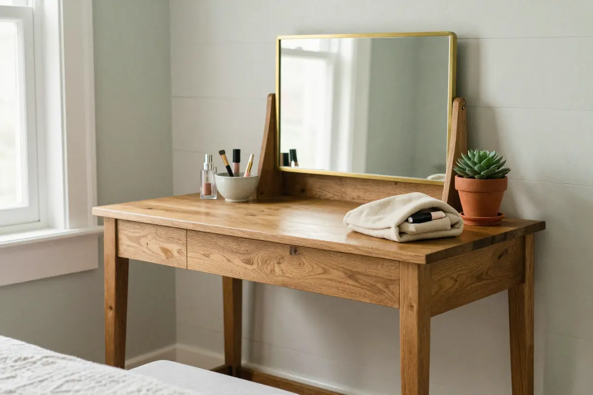 3. Reclaimed Wood Trestle Desk with a Pivoting Brass Mirror