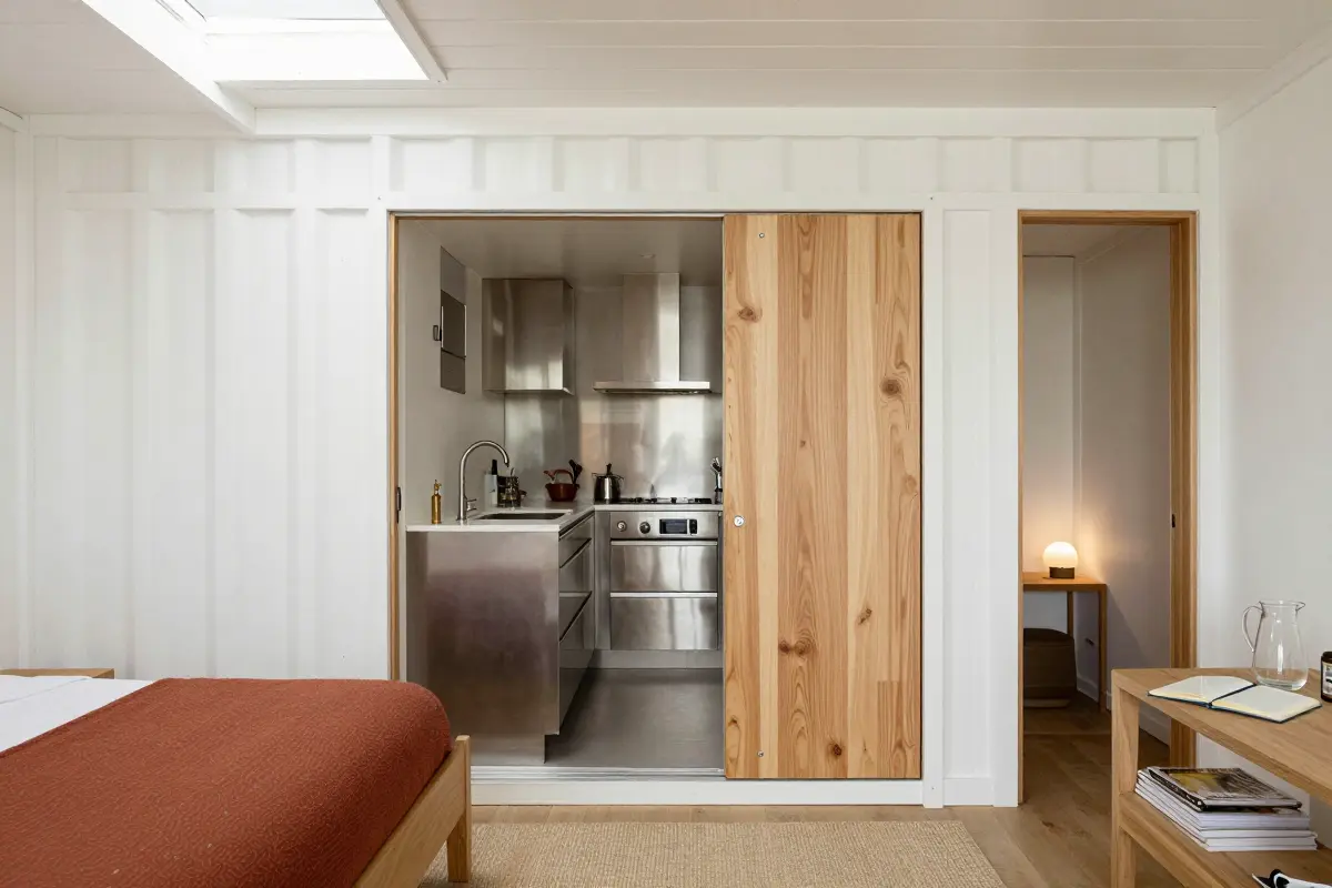 Single 40-foot high-cube shipping container converted into a linear studio home
