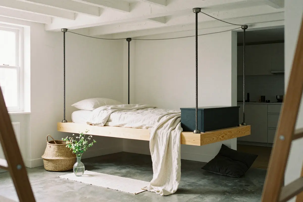 4. Ceiling-Hung Platform Loft for High-Ceiling Studio Apartments
