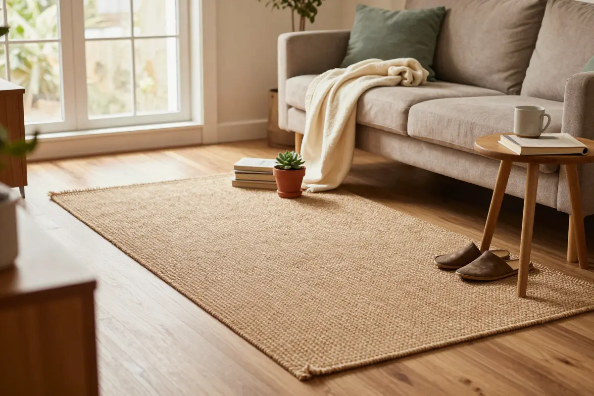 4. Layered Jute and Low-Pile Wool Rugs