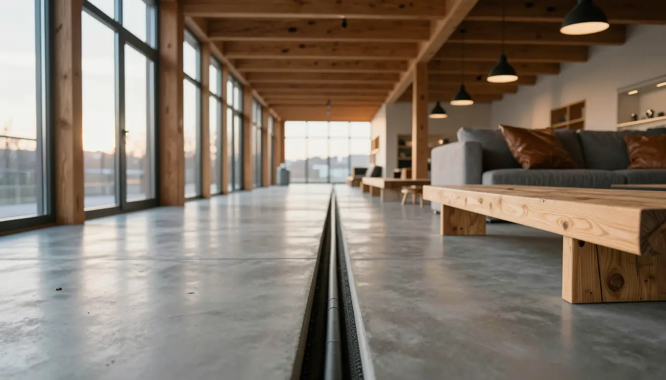 Polished concrete loft floor with radiant heating in a bright open-plan living area