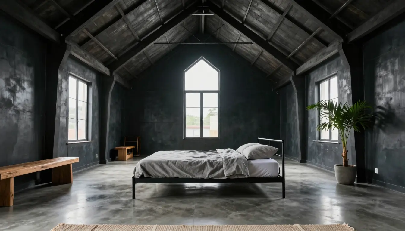 Polished concrete bedroom floor with washed Belgian linen bedding in slate and oatmeal