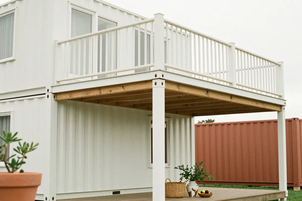 Two-story shipping container home with the upper container cantilevered over a porch