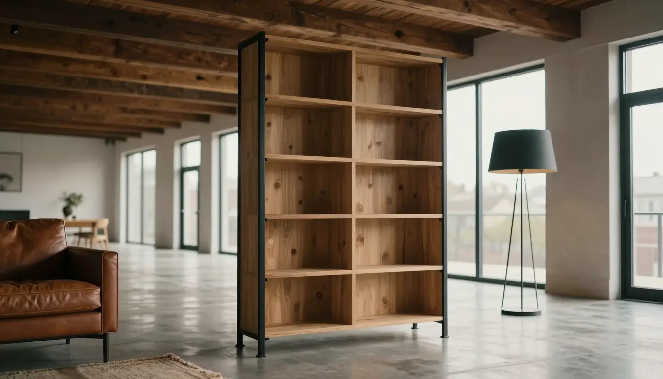 Dark walnut double-sided open bookcase dividing a loft entry vestibule from the living space