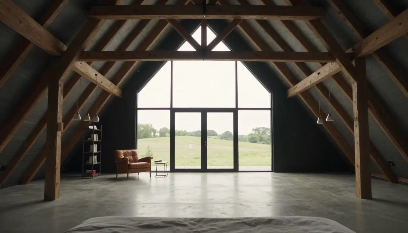 Floor-to-ceiling black steel-framed windows overlooking a meadow from a dark barn bedroom