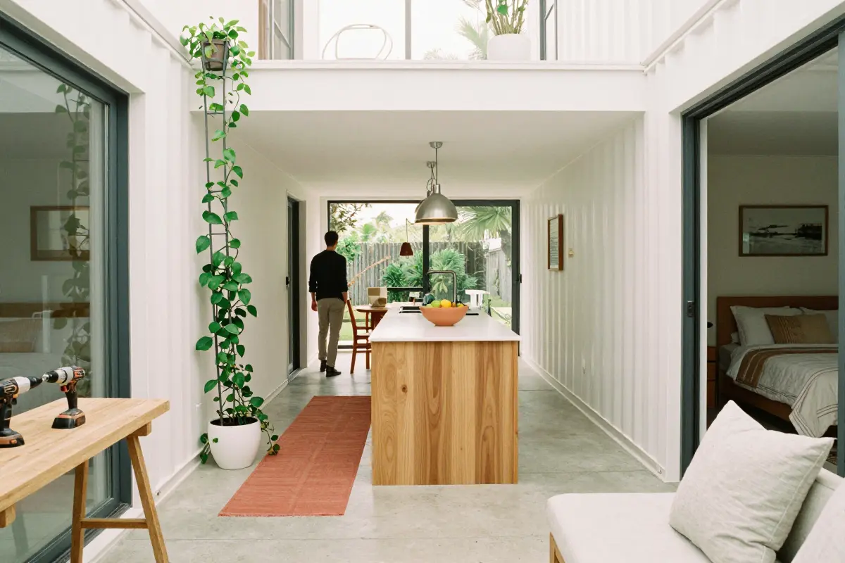 U-shaped three-container family home wrapped around a central courtyard
