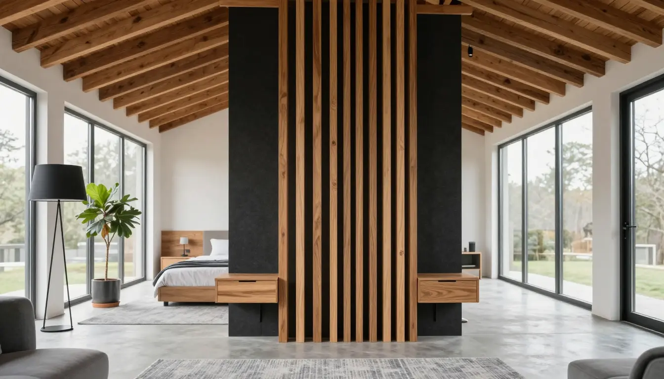 Black-stained oak slat accent wall with floating nightstands behind a bed