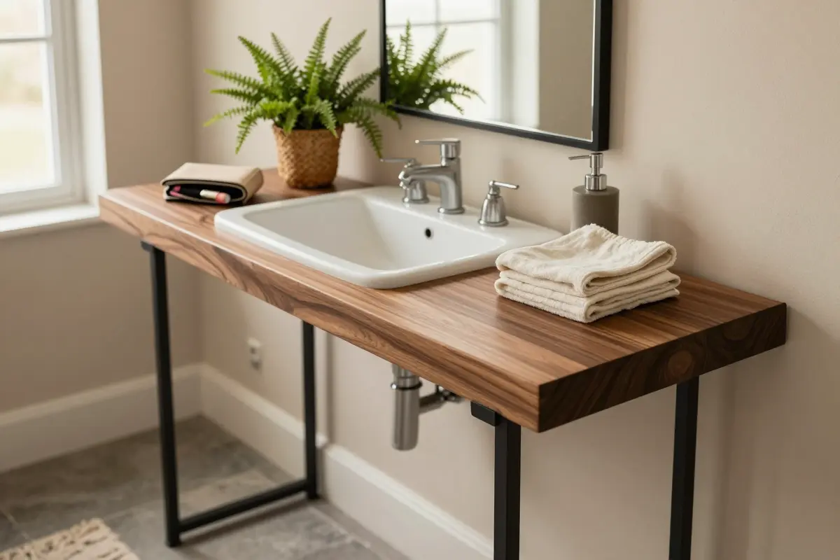 6. Raw-Edge Walnut Slab Supported by Matte Black Steel Brackets