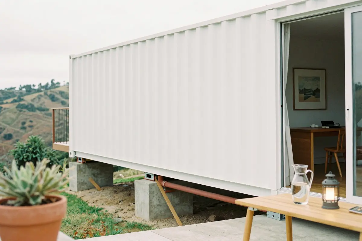 Split-level shipping container home stepping down a sloped site on concrete piers