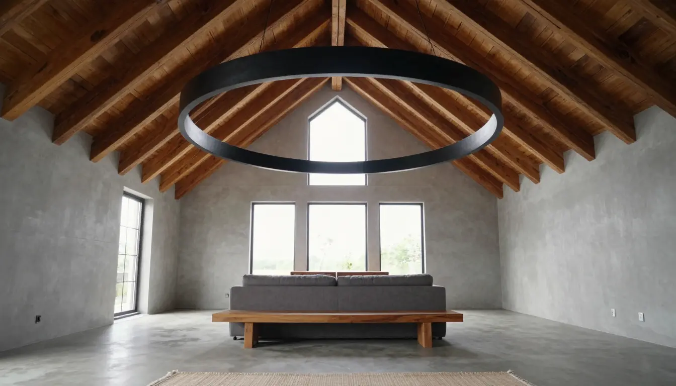 Vaulted off-black barn bedroom ceiling with a single oversized blackened steel ring pendant