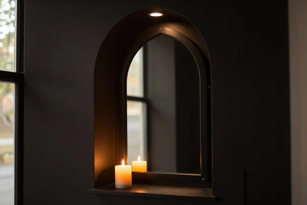 7. Gothic Arched Mirror Nook with Flameless LED Pillar Candles
